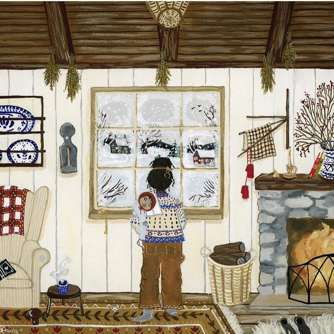 Mother and child viewing winter scene through window in rustic cabin interior with fireplace and decorative elements