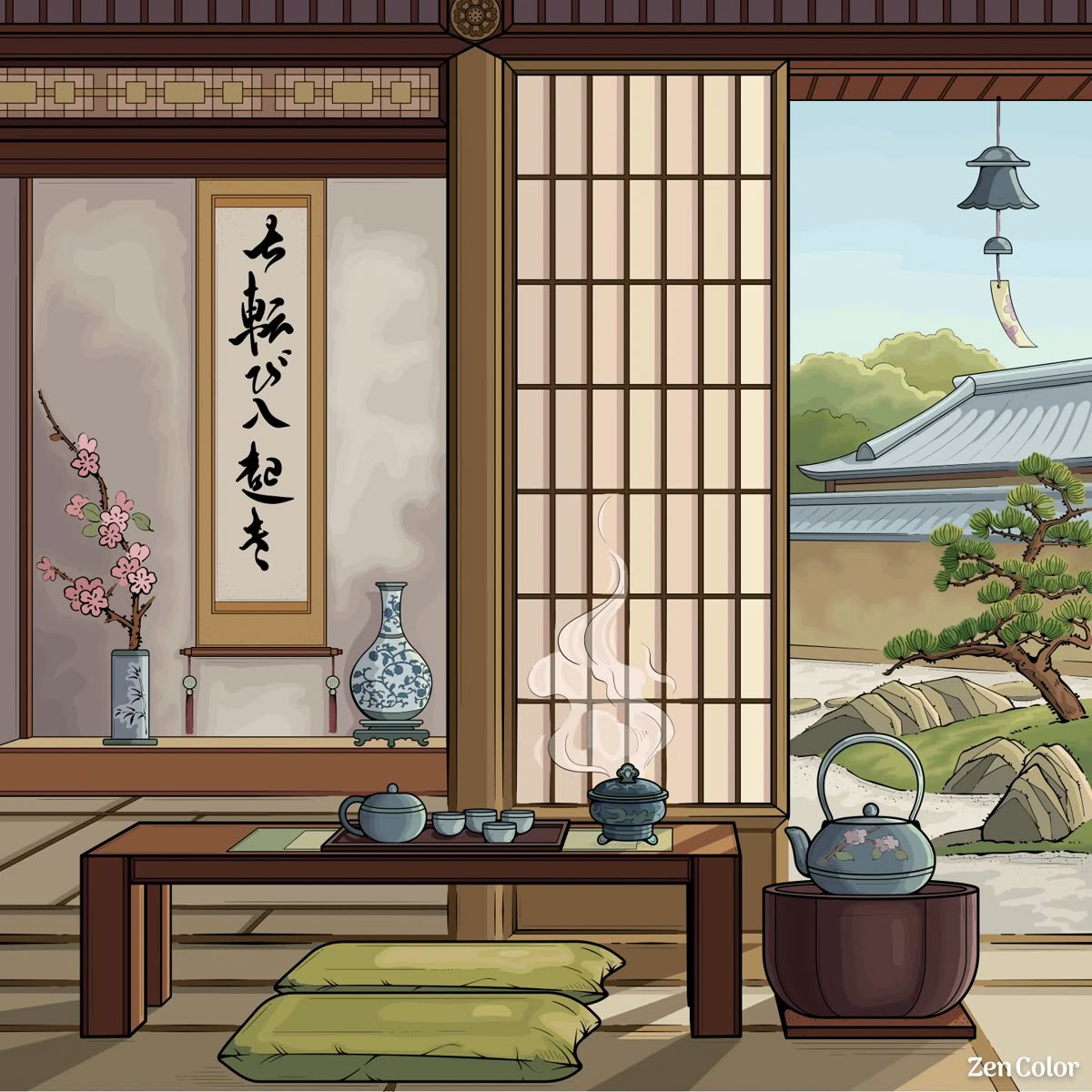 Traditional Japanese room with sliding doors, scroll art, tea set on low table, cushions, and garden view