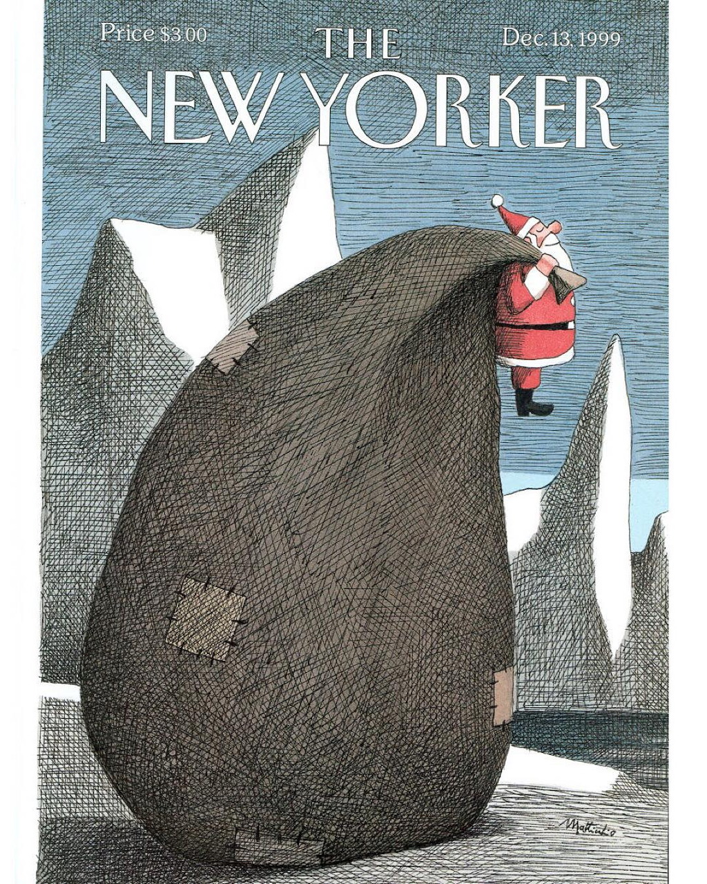 New Yorker magazine cover showing Santa Claus on giant toy sack surrounded by icebergs