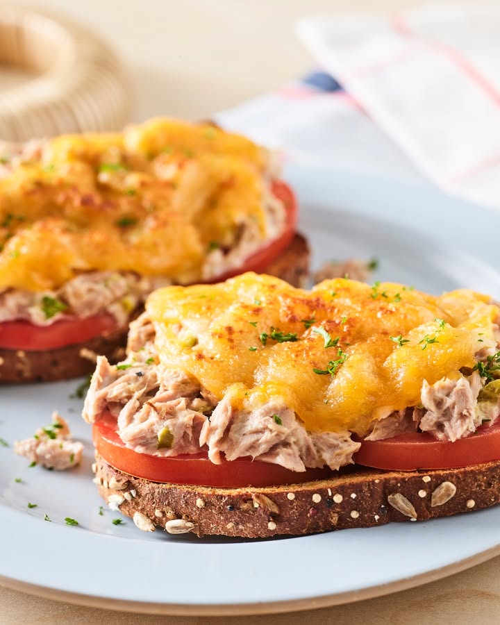 Two open-faced tuna melt sandwiches with melted cheddar, tuna, and tomato on multigrain bread