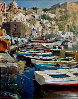 Painting of colorful fishing boats moored in an Italian harbor with a hillside village and domed church behind