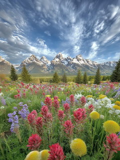 Colorful wildflower field with Grand Teton mountains and dramatic sky behind