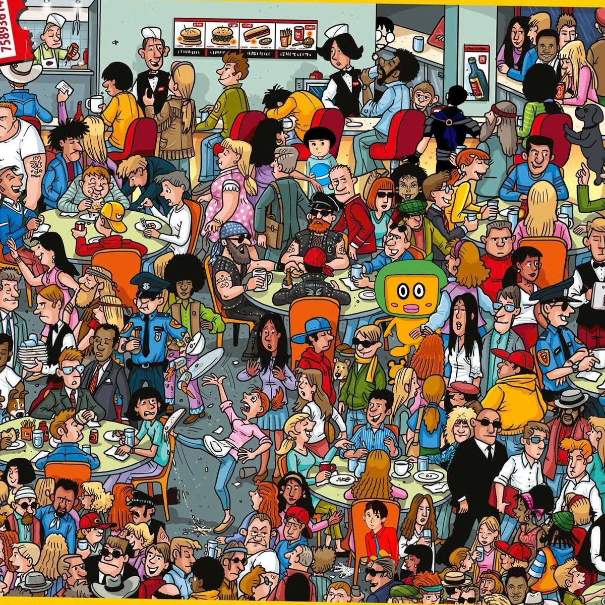 Crowded retro diner illustration with many cartoon characters, robots, and vintage decorations throughout the scene