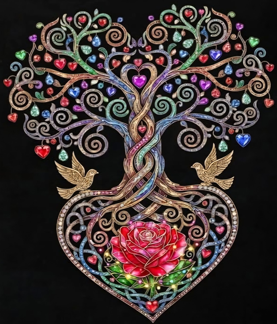Colorful Celtic-style tree artwork with heart shapes and a red rose on a black background