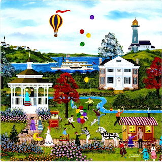Folk art painting of coastal village with lighthouse, gazebo, white house, and hot air balloon over harbor
