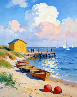 Painting of wooden boats on a sandy beach near a pier with sailboats and a yellow shed