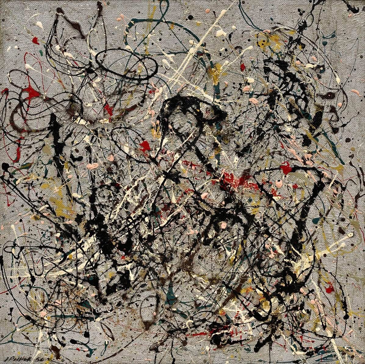 Abstract painting with tangled black drips and colorful splatters on beige background