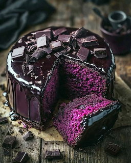 Glossy chocolate cake with a slice removed, revealing bright purple layers and chocolate pieces on top.