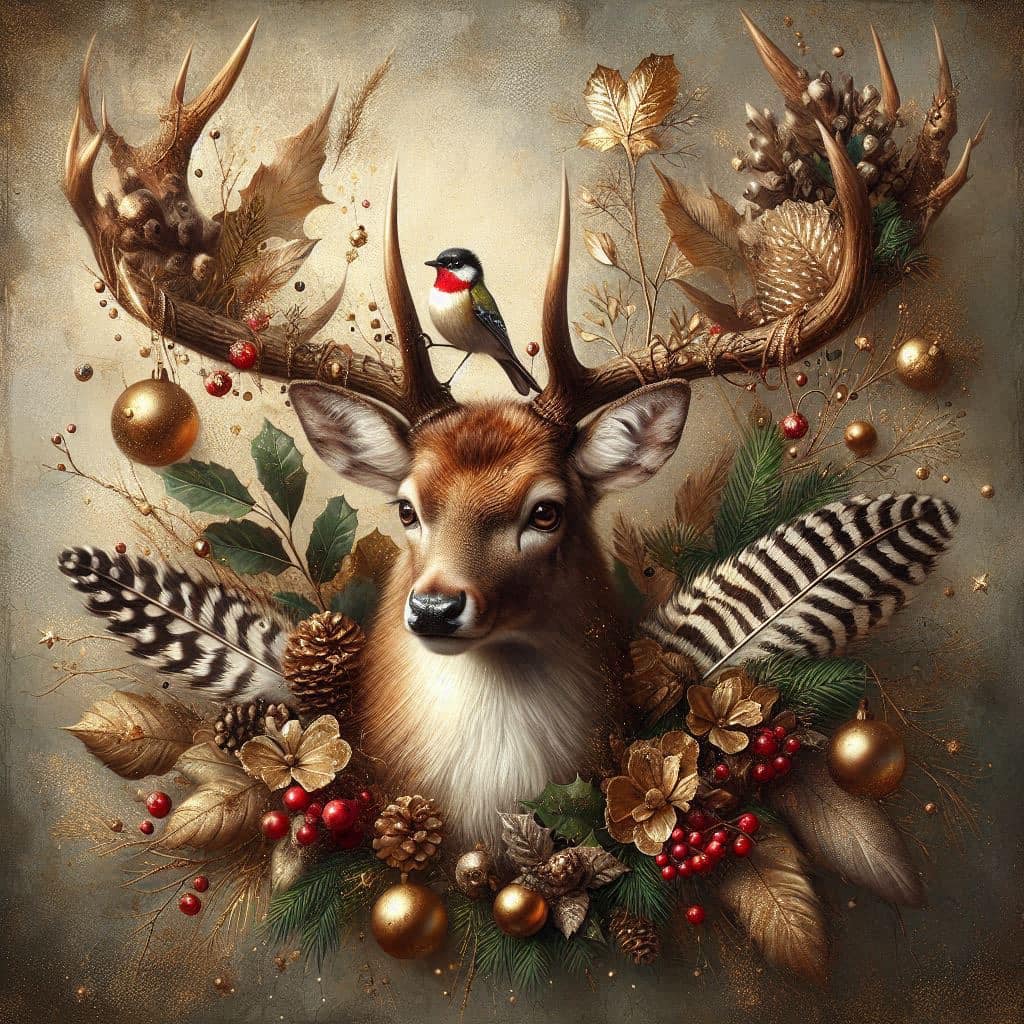 Illustrated deer head with ornate antlers, berries, feathers, and Christmas ornaments