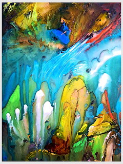 Abstract fluid art with bright turquoise, yellow, green and orange flowing paint creating dynamic swirling patterns