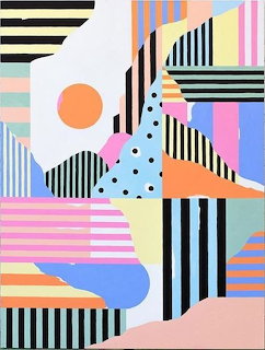 Colorful abstract geometric art with stripes, circles, and triangles in a 1980s Memphis style
