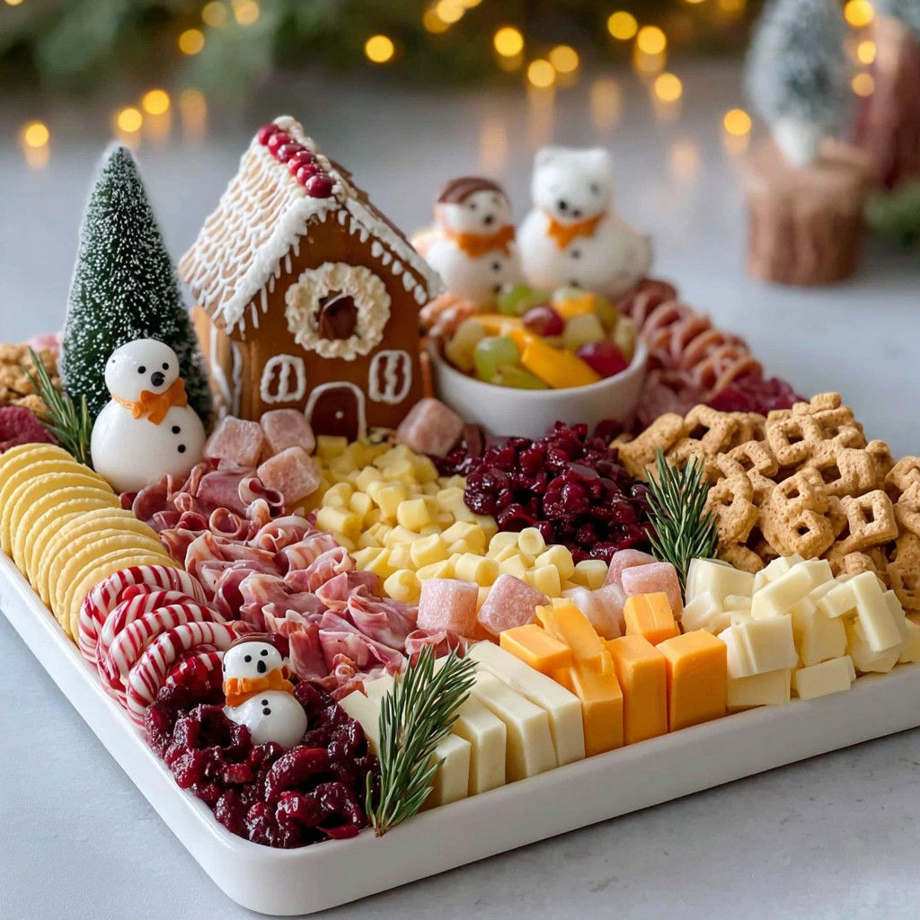 Festive Christmas snack platter with cheese, crackers, meats, fruit, and a gingerbread house