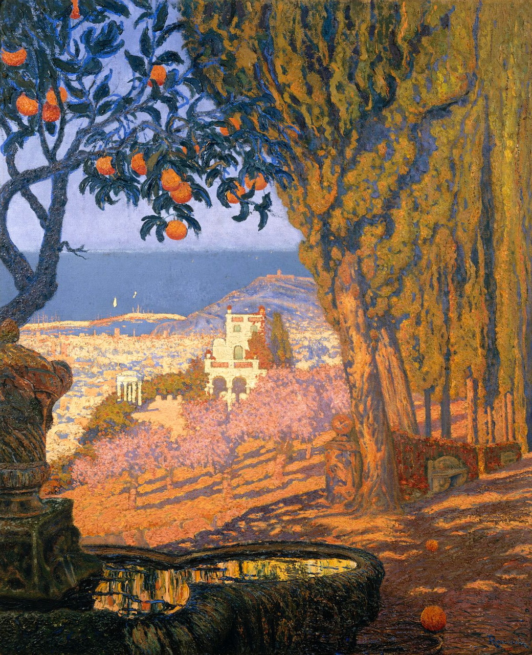 Painting of a garden landscape with tall trees, flowers, and a distant house