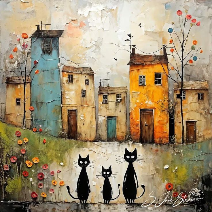 Three Cats Village Painting