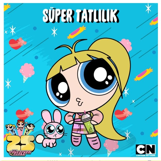Blonde cartoon girl with big blue eyes holding white bunny toy against blue background with candy and stars