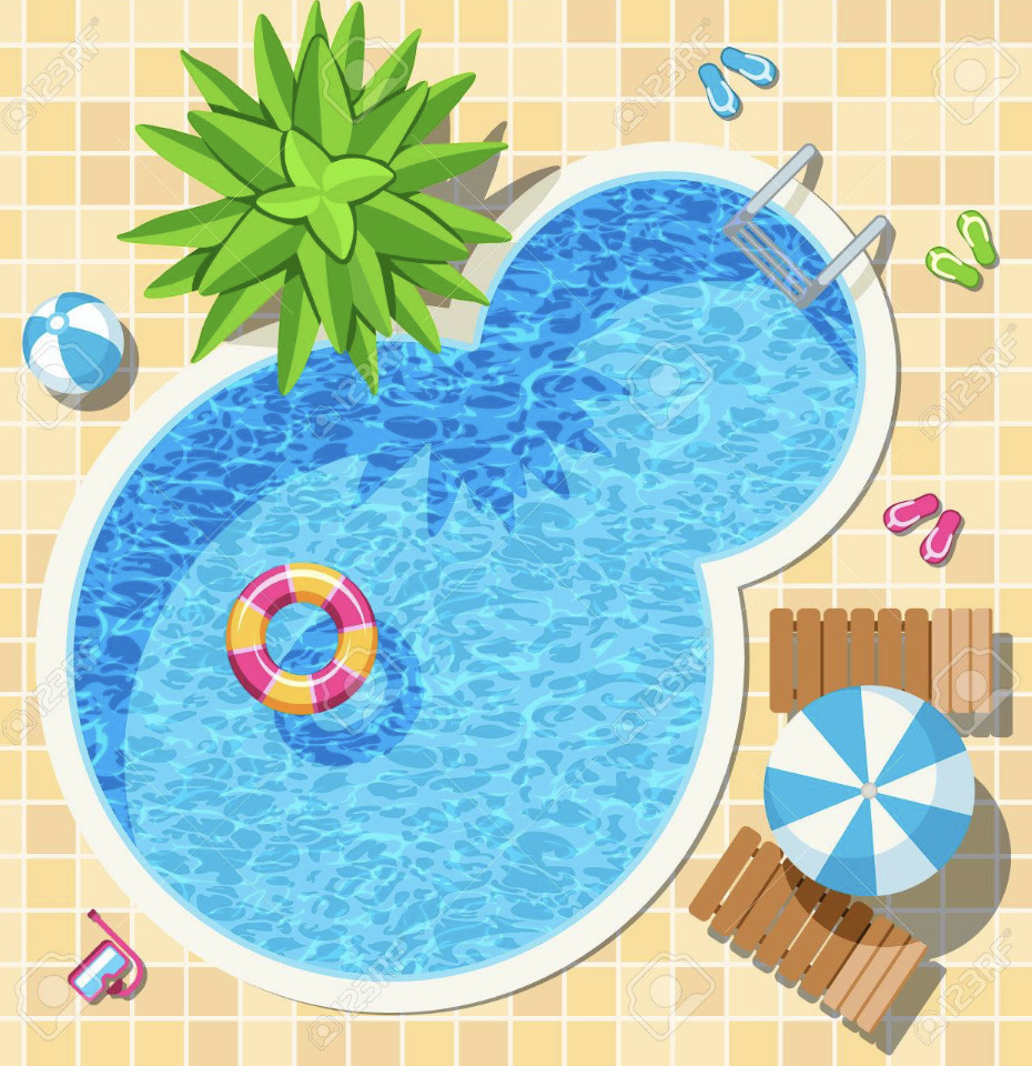 Top-down illustration of a blue swimming pool with a float ring, chairs, umbrella, and poolside items