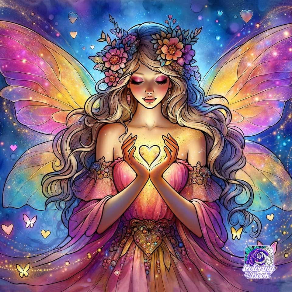 Fantasy fairy woman with butterfly wings and a glowing heart in her hands
