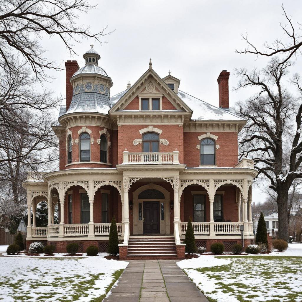 Ornate red brick Victorian mansion with tower and wraparound porch in winter with snow on ground