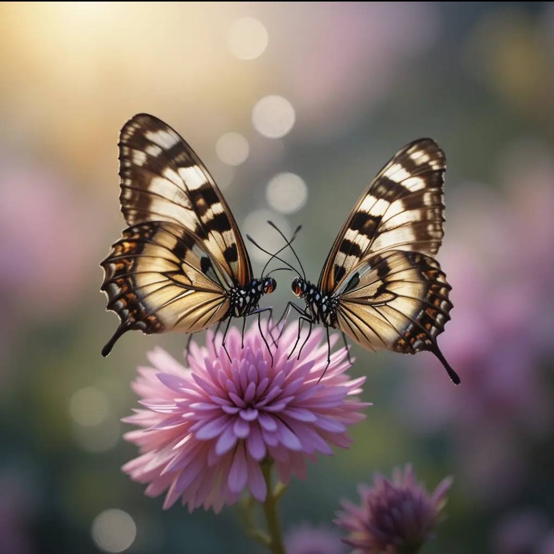 Two patterned butterflies perched on a pink flower with a soft bokeh background