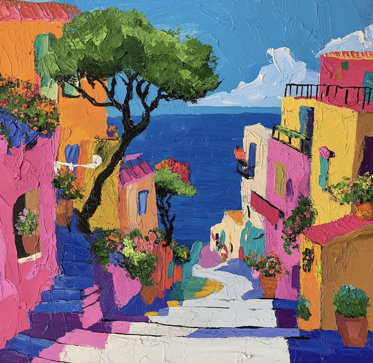 Colorful painting of Mediterranean coastal village with stairs leading to sea, bright buildings and flowers