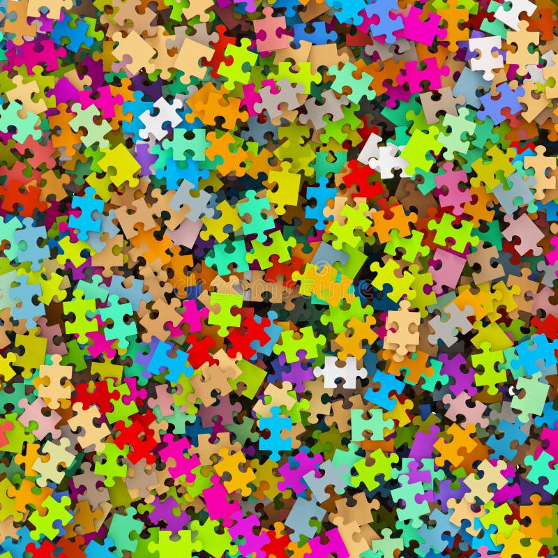 Close-up of many colorful jigsaw puzzle pieces scattered across the frame