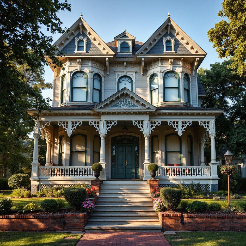 Victorian mansion with ornate porch, gabled roof, and decorative trim surrounded by trees