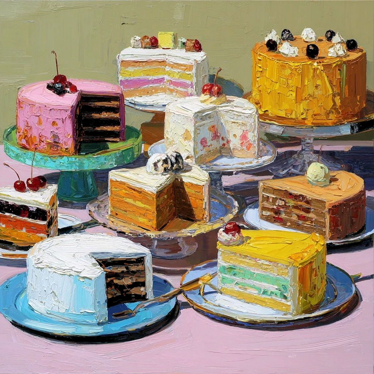Painting of assorted whole and sliced cakes on plates and cake stands