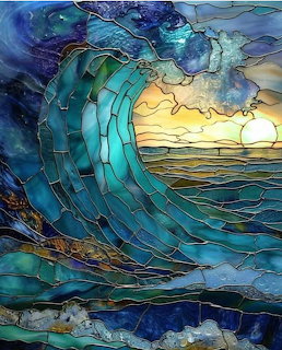 Stained glass style art of a large curling ocean wave with a sunset in the background