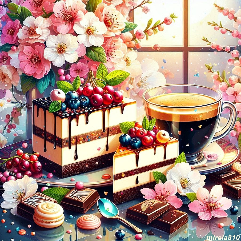 Layered cake with berries, tea cup, chocolates, and pink cherry blossoms on decorated table