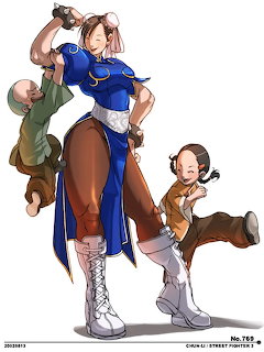 Illustration of Chun-Li from Street Fighter in blue outfit with two chibi characters