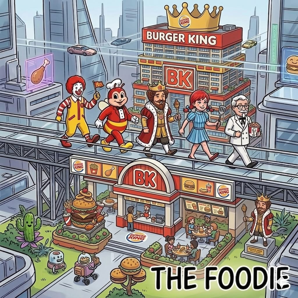 Cartoon illustration of busy fast food restaurant with mascot characters and customers on multiple levels