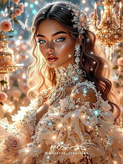 Digital fantasy portrait of a woman in a sparkling crystal gown with floral accessories and bokeh lights
