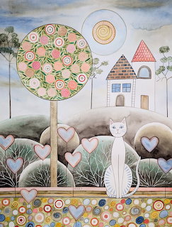 White cat sitting in whimsical garden with flowering tree, cottage, hearts, and patterned ground