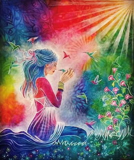 Illustration of girl with long hair facing peacock, hummingbirds flying around them, rainbow burst background
