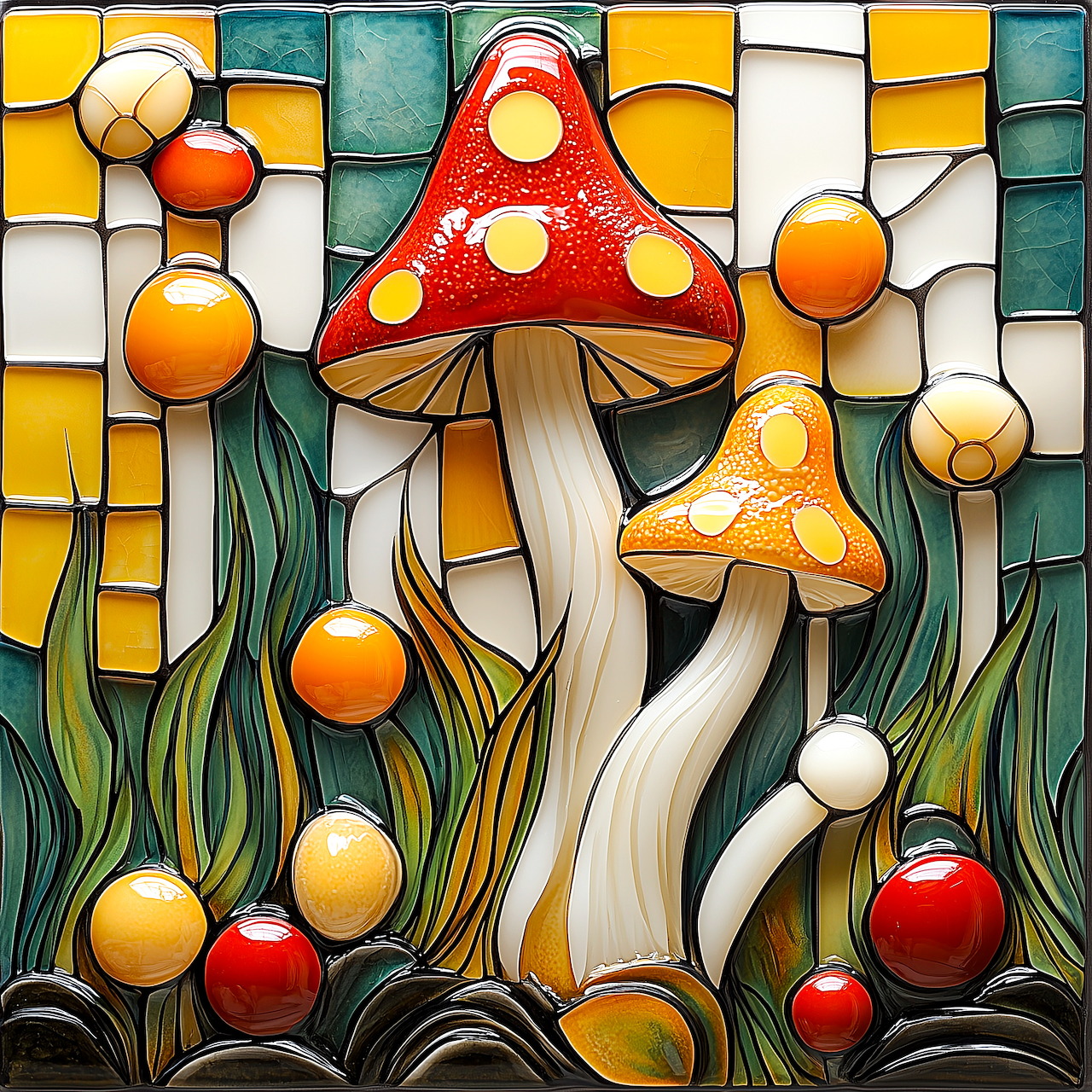 Ceramic tile artwork of red and yellow mushrooms with white spots on mosaic background