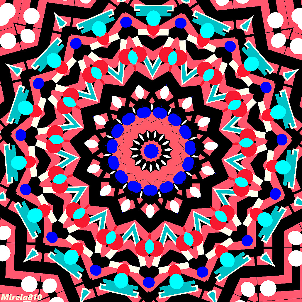 Symmetrical mandala with vibrant geometric patterns in turquoise, red, orange, blue, black and white
