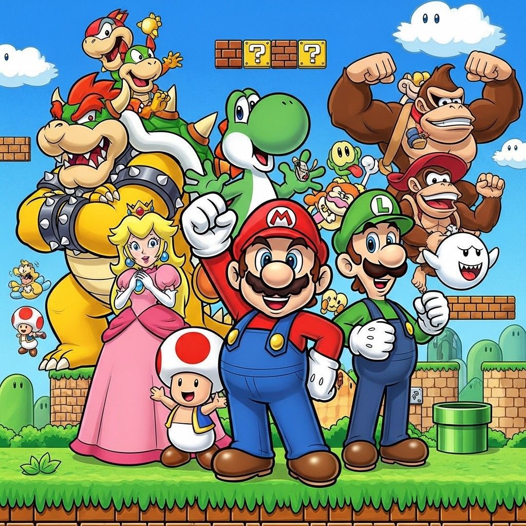 Colorful Super Mario cartoon with Mario, Luigi, Peach, Yoshi, Bowser, Donkey Kong, Toad, and Boo