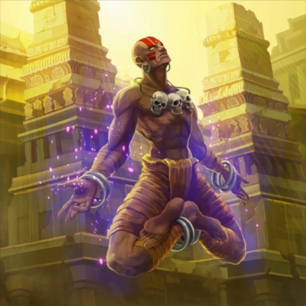 Illustration of Dhalsim floating in front of temple towers with purple magical energy