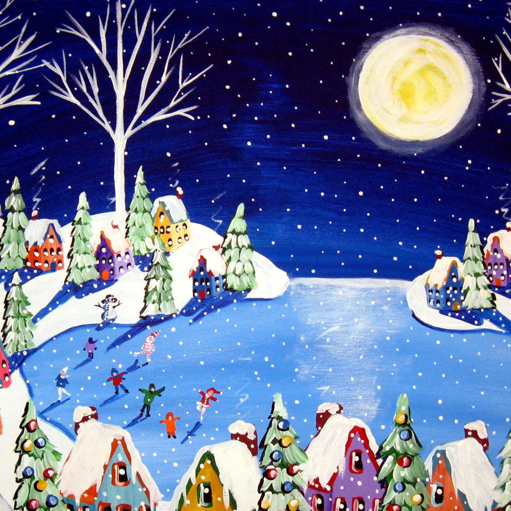 Folk art painting of people ice skating on a snowy pond at night under a full moon with village houses and white trees