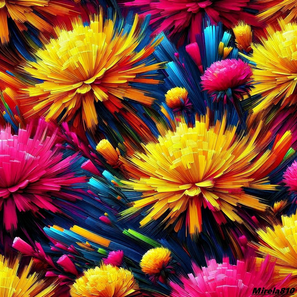 Colorful impasto-style painting of large yellow, pink, and orange flowers on a dark blue background