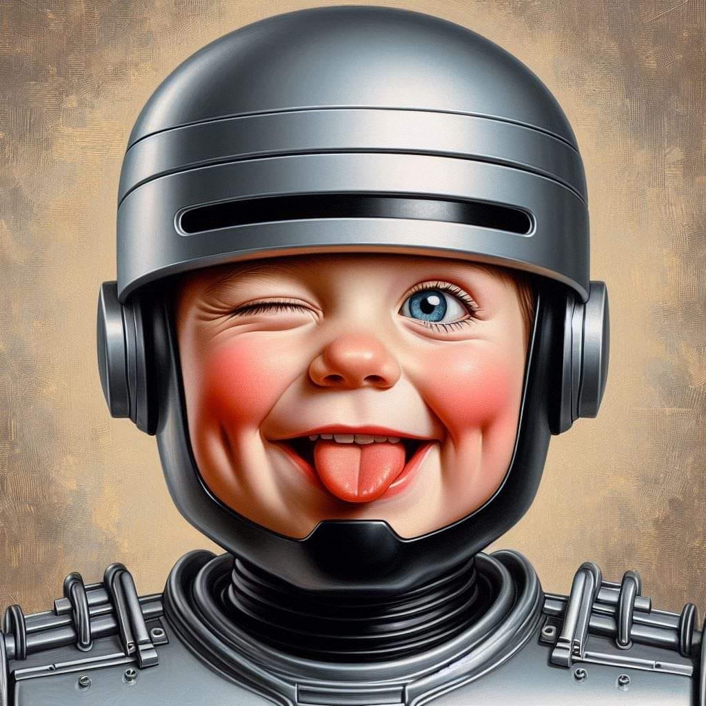 Cute cartoon baby in a shiny robot helmet winking with tongue out