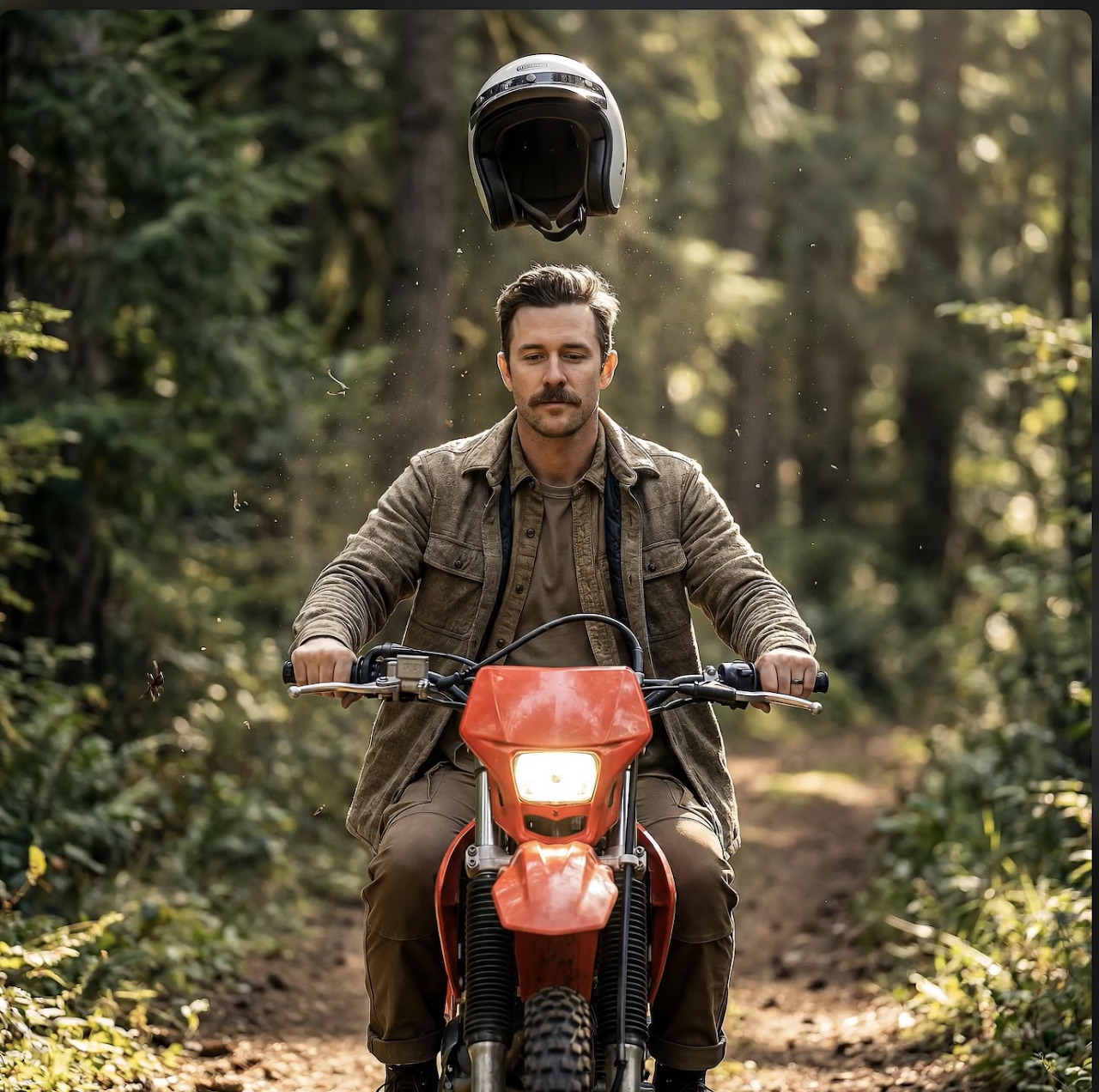 Man riding red motorcycle on dirt path through sunlit forest with floating helmet above