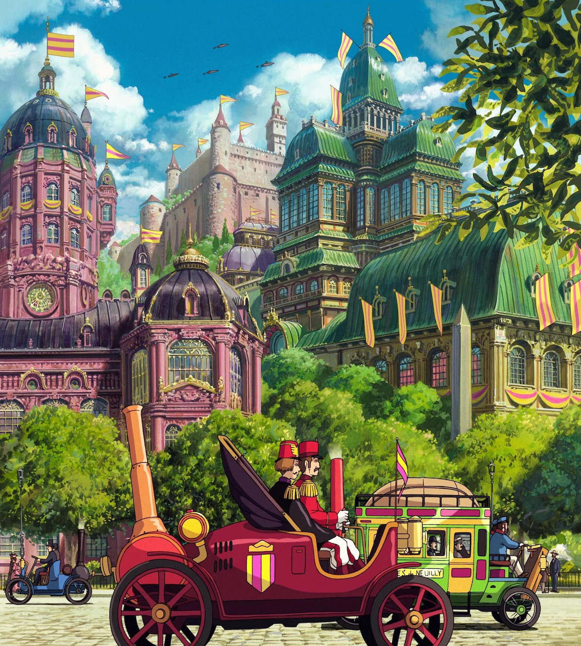 Anime illustration of vintage cars in a colorful fantasy city with ornate buildings and green trees