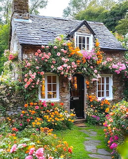 Stone cottage covered in pink roses and orange flowers with garden path leading to black door