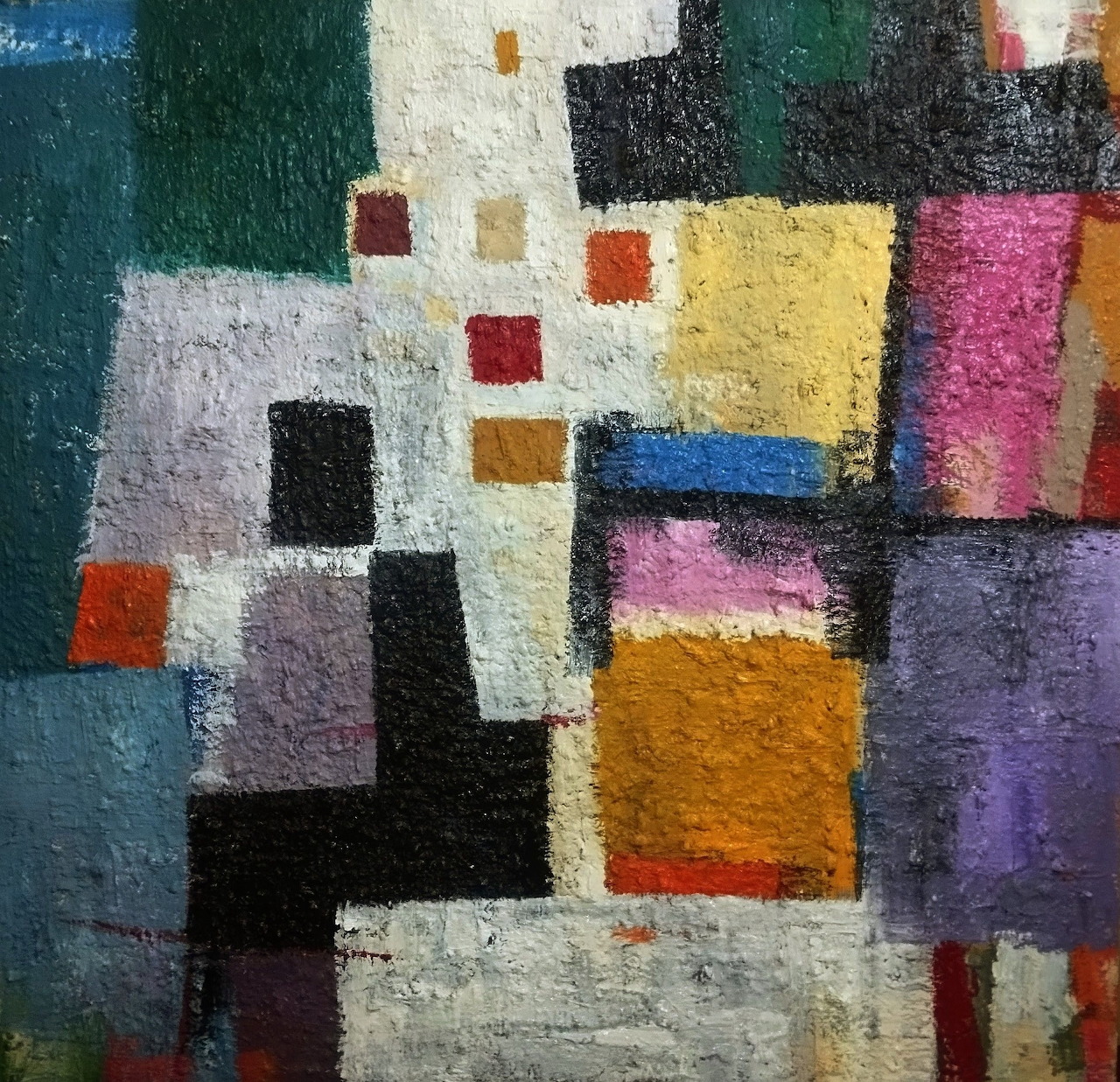 Abstract painting of textured overlapping color blocks and rectangles