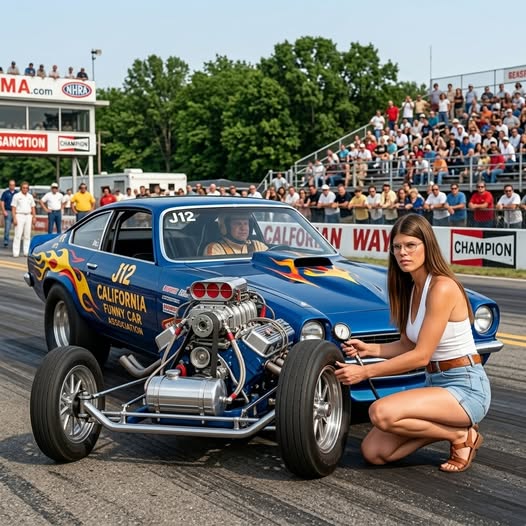 Blue drag racing car on a racetrack with a woman kneeling beside it and a crowd in the stands