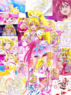 Anime collage of Cure Heart from Precure in pink and white outfit with multiple panels showing different poses