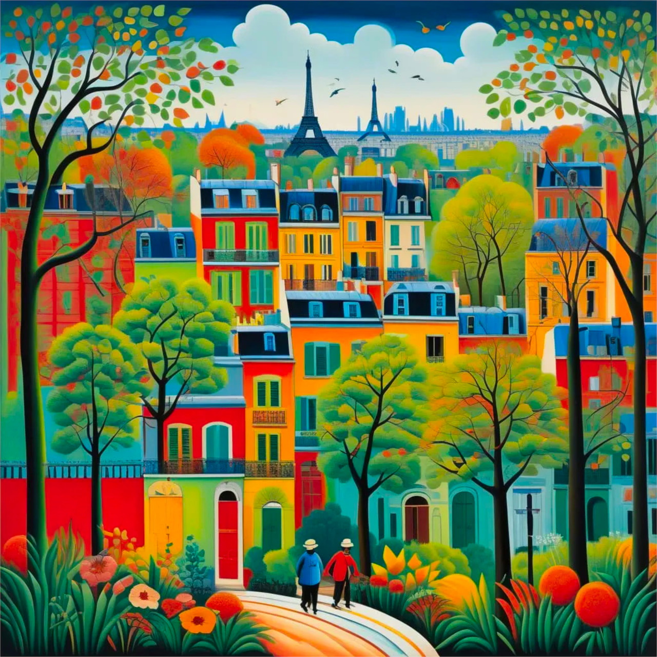 Colorful illustration of Paris neighborhood with Eiffel Tower, vibrant buildings, trees, and walking figures