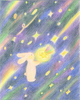 White bunny floating in purple starry space with rainbow streaks and glowing celestial objects