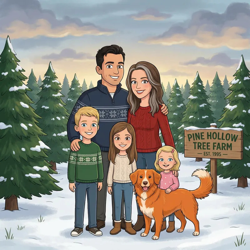Cartoon family portrait with golden retriever in snow-covered Christmas tree farm